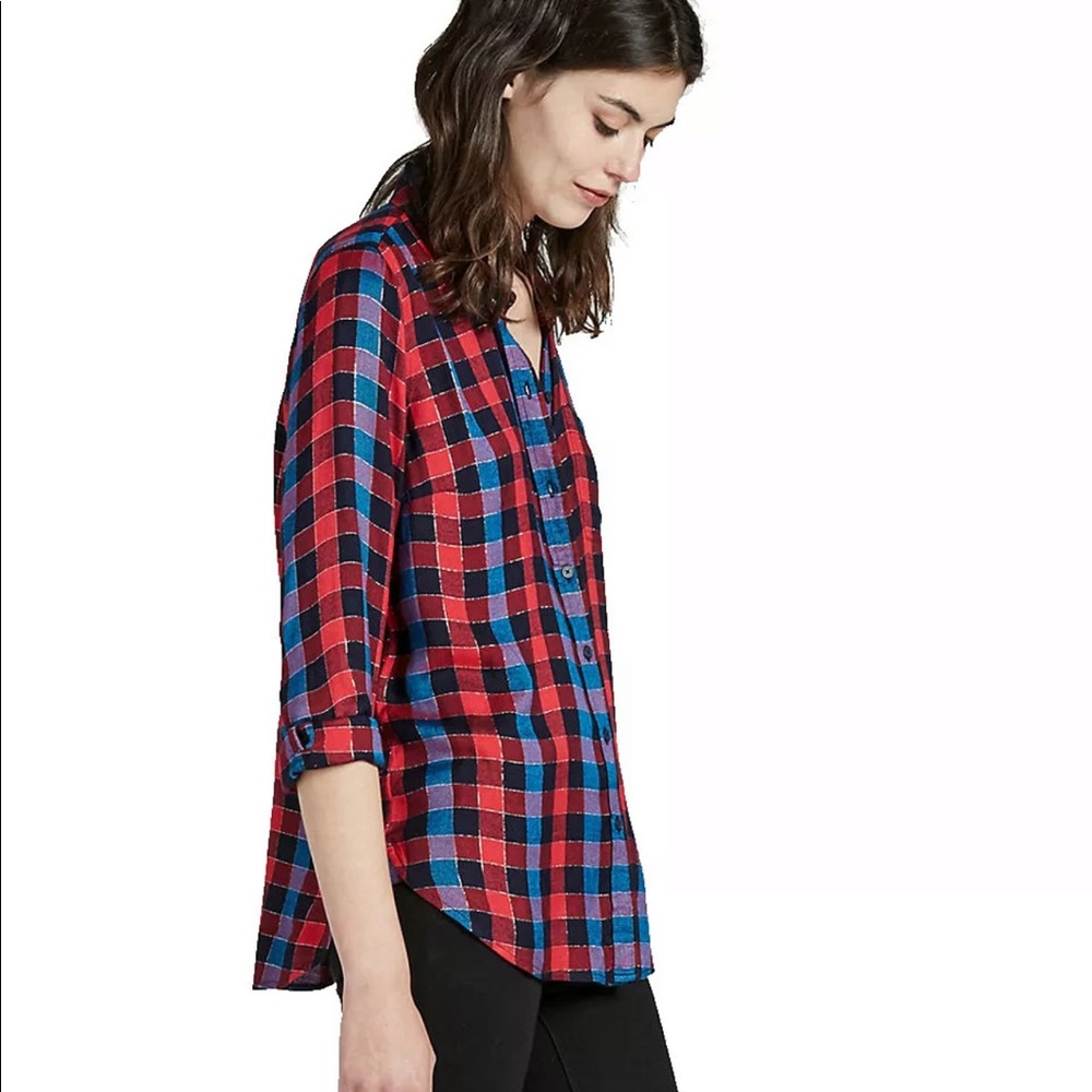NWT Lucky Brand Overlay Metallic Plaid Button Down top